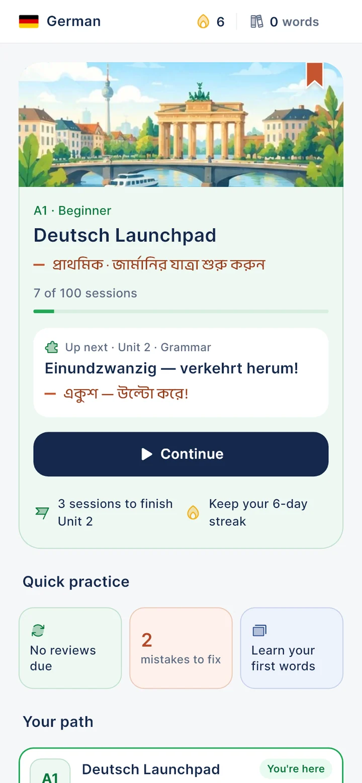 The Learn tab: the A1 course, the next lesson and a Continue button